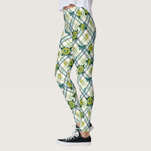 Geel Blauwgroen Tattoo Rozen Vlinders Plaid Leggings (Links)