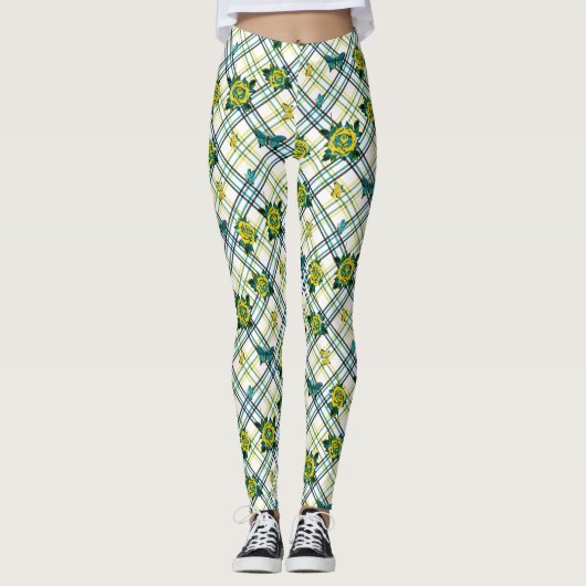 Geel Blauwgroen Tattoo Rozen Vlinders Plaid Leggings (Voorkant)
