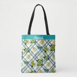 Geel Blauwgroen Tattoo Rozen Vlinders Plaid Tote Bag