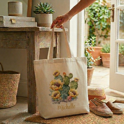 Geel Bloeiende Cactus Met Naam Tote Bag