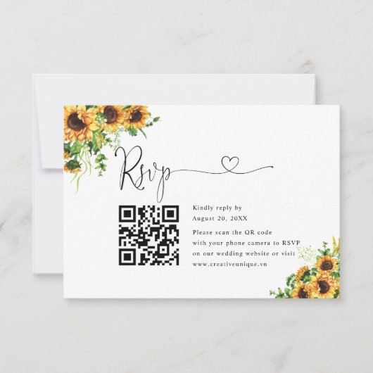 Geel Bloem Bruiloft Website QR Code RSVP Kaartje (Voorkant)