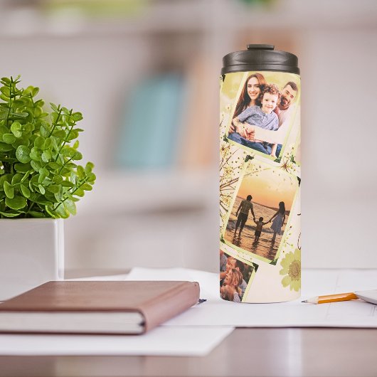 Geel Bloemen 6 foto's Collage & aangepaste tekst Thermosbeker