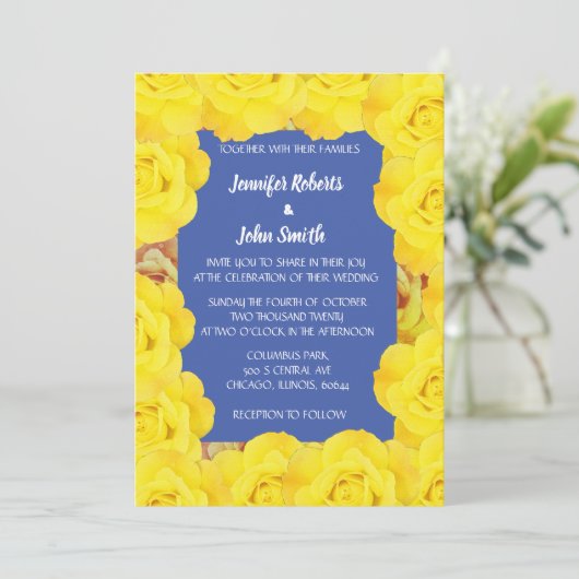 Geel Bloemen Blauw  Roos QR Code Huwelijk Kaart (Staand voorkant)