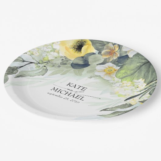 Geel Bloemen Dromerige Tuin Bruiloft Papieren Bordje (Gekanteld)