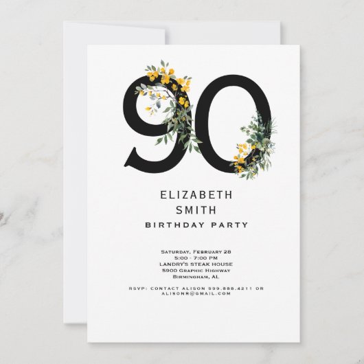 Geel Bloemen Elegant 90ste Verjaardagsfeestje Kaart (Voorkant)