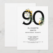 Geel Bloemen Elegant 90ste Verjaardagsfeestje Kaart (Voorkant / Achterkant)