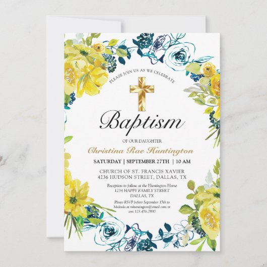  Geel Bloemen Goud Kruis Doop Kaart (Voorkant)
