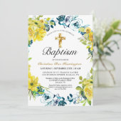 Geel Bloemen Goud Kruis Doop Kaart (Staand voorkant)