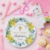 Geel Bloemen Goud Kruis Doop Receptie Papieren Bordje (Feest)