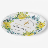Geel Bloemen Goud Kruis Doop Receptie Papieren Bordje (Gekanteld)