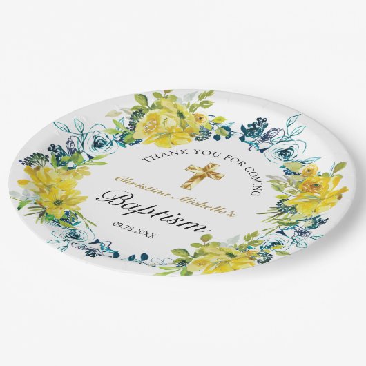  Geel Bloemen Goud Kruis Doop Receptie Papieren Bordje (Gekanteld)