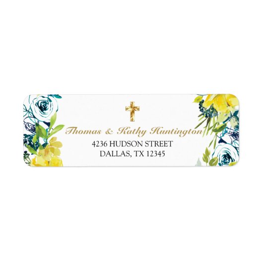 Geel Bloemen Goud Kruis Doop Retour Etiket (Voorkant)