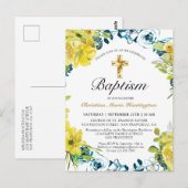 Geel Bloemen Goud Kruis Doop Uitnodiging (Voorkant / Achterkant)