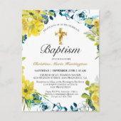 Geel Bloemen Goud Kruis Doop Uitnodiging (Voorkant)