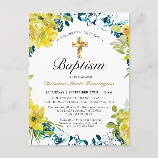 Geel Bloemen Goud Kruis Doop Uitnodiging (Voorkant)