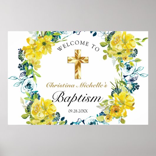  Geel Bloemen Gouden Kruis Doop Welkom Poster (Voorkant)