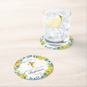  Geel Bloemen Gouden Kruis Doop Welkom Ronde Kartonnen Onderzetter