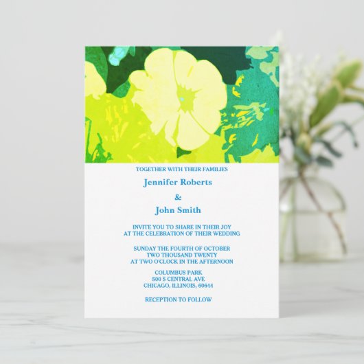 Geel Bloemen Groen Blauw Bladeren Art Boho Bruilof Kaart (Staand voorkant)