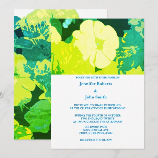 Geel Bloemen Groen Blauw Bladeren Art Boho Bruilof Kaart (Voorkant / Achterkant)