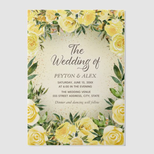 Geel Bloemen Groen Goud Glitter Vellum Huwelijk Vellum Uitnodigingen (Voorkant)