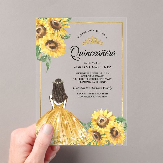 Geel Bloemen Jurk Zonnebloemen Goud Quinceanera Acryl Uitnodigingen (Insitu (Draagbaar))