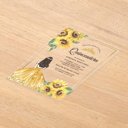 Geel Bloemen Jurk Zonnebloemen Goud Quinceanera Acryl Uitnodigingen (Laagn)