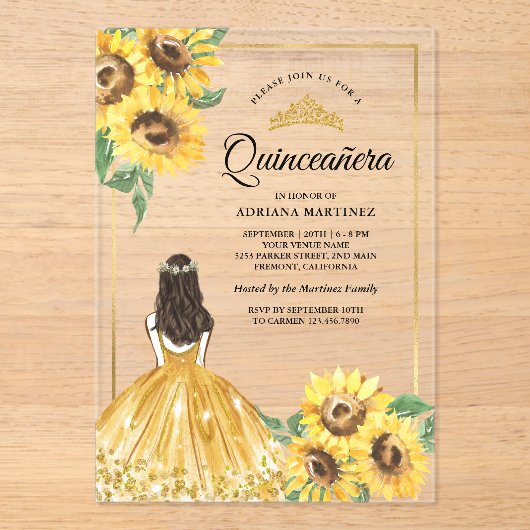 Geel Bloemen Jurk Zonnebloemen Goud Quinceanera Acryl Uitnodigingen (Voorkant)