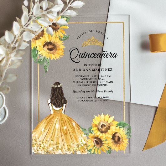 Geel Bloemen Jurk Zonnebloemen Goud Quinceanera Acryl Uitnodigingen