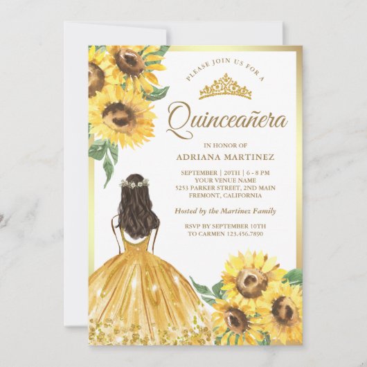 Geel Bloemen Jurk Zonnebloemen Goud Quinceanera Kaart (Voorkant)