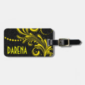 Geel Bloemen Kant Zwart Damasks Bagagelabel (Voorkant horizontaal)