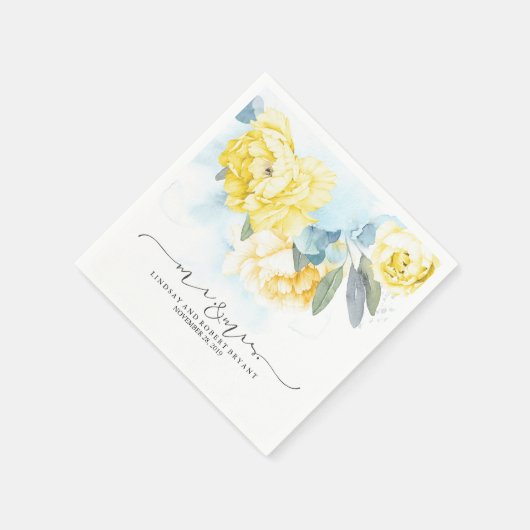 Geel Bloemen Stoffig Blauw Waterverf Bruiloft Servet (Hoek)