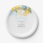 Geel Bloemen Stoffig Blauw Waterverven Bruiloft Papieren Bordje (Voorkant)