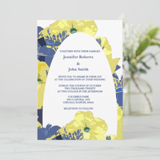 Geel Bloemen Wit Blauw Custom Artsy Arch Bruiloft Kaart (Staand voorkant)