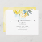 Geel Bloemen Zacht Blauw Bewaar de Datum Aankondigingskaart (Voorkant / Achterkant)