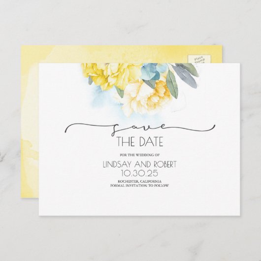 Geel Bloemen Zacht Blauw Bewaar de Datum Aankondigingskaart (Voorkant / Achterkant)