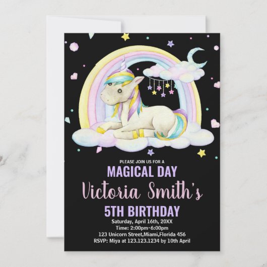 Geel Bloemen Zwart Eenhoorn Verjaardag Uitnodiging (Voorkant)