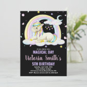 Geel Bloemen Zwart Eenhoorn Verjaardag Uitnodiging (Staand voorkant)