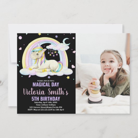 Geel Bloemen Zwart Foto Eenhoorn Verjaardag Kaart (Voorkant)