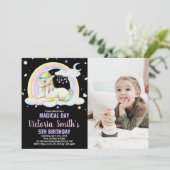 Geel Bloemen Zwart Foto Eenhoorn Verjaardag Kaart (Staand voorkant)