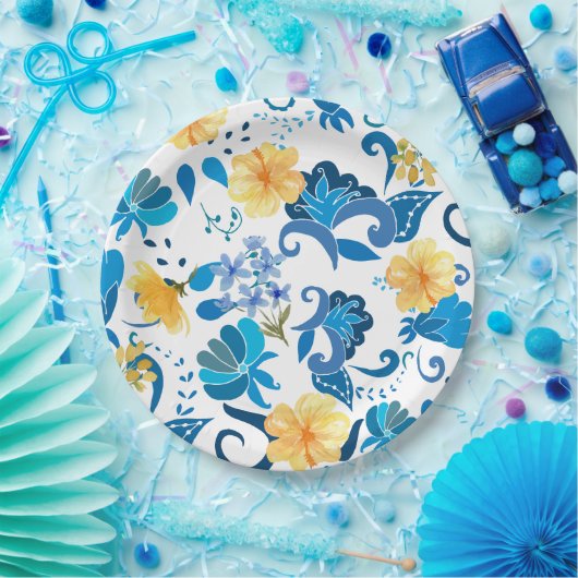 Geel Bloemenblauw Italiaans vrijgezellenfeest Papieren Bordje (Feest)