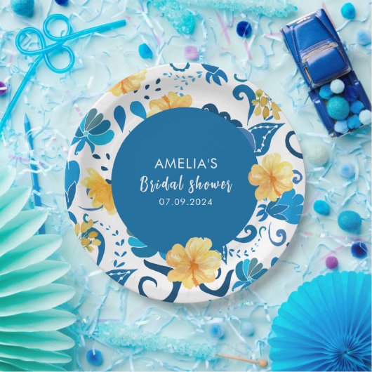 Geel Bloemenblauw Italiaans vrijgezellenfeest Papieren Bordje (Feest)