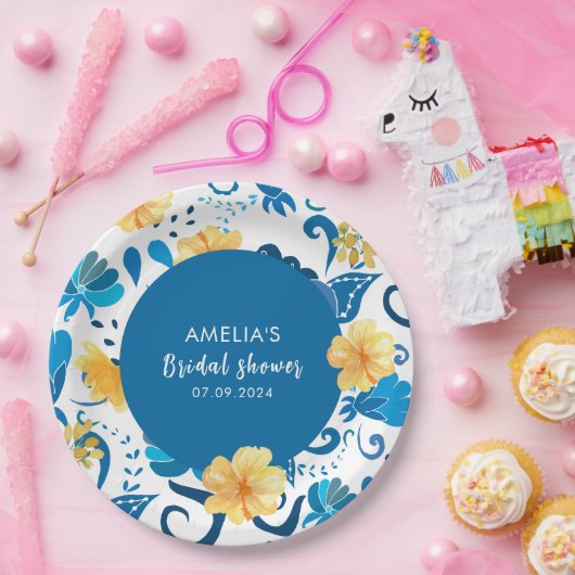 Geel Bloemenblauw Italiaans vrijgezellenfeest Papieren Bordje (Feest)