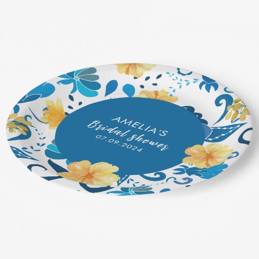 Geel Bloemenblauw Italiaans vrijgezellenfeest Papieren Bordje (Gekanteld)