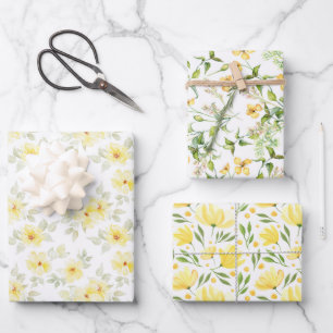 Geel bloemendecoratiepapier, botanisch cadeaupapie inpakpapier vel