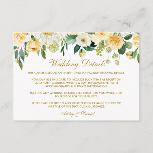 Geel Bloemengoud Bruiloft Details Invoegen Kaart (Voorkant)