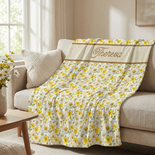 Geel Bloemenpatroon Monogram Naam Fleece Deken