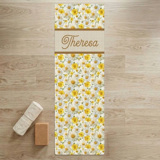 Geel Bloemenpatroon Monogram Naam Yogamat