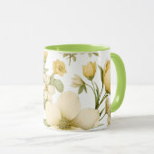 Geel bloementuinmok met groene handgreep mok (Voorkant rechts)