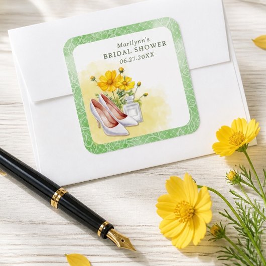 Geel bloemig bruidsfeest vierkante sticker