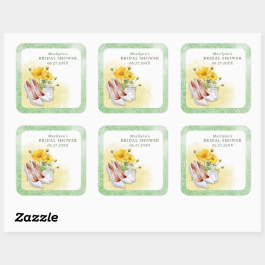 Geel bloemig bruidsfeest vierkante sticker (Vel)